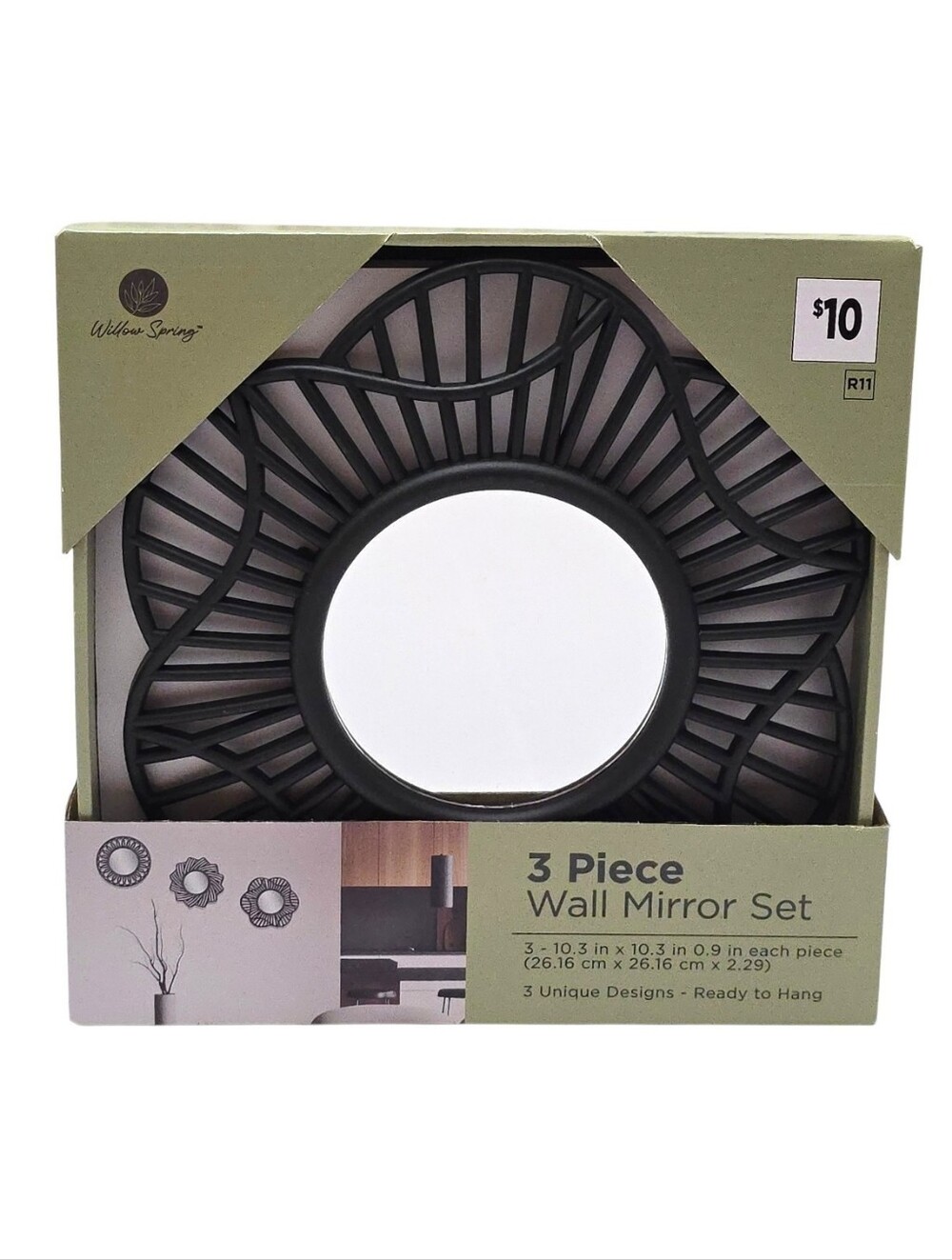 Willow Spring 3 Piece Wall Mirror Set Black Sunburst Boho Accent Decor NEW